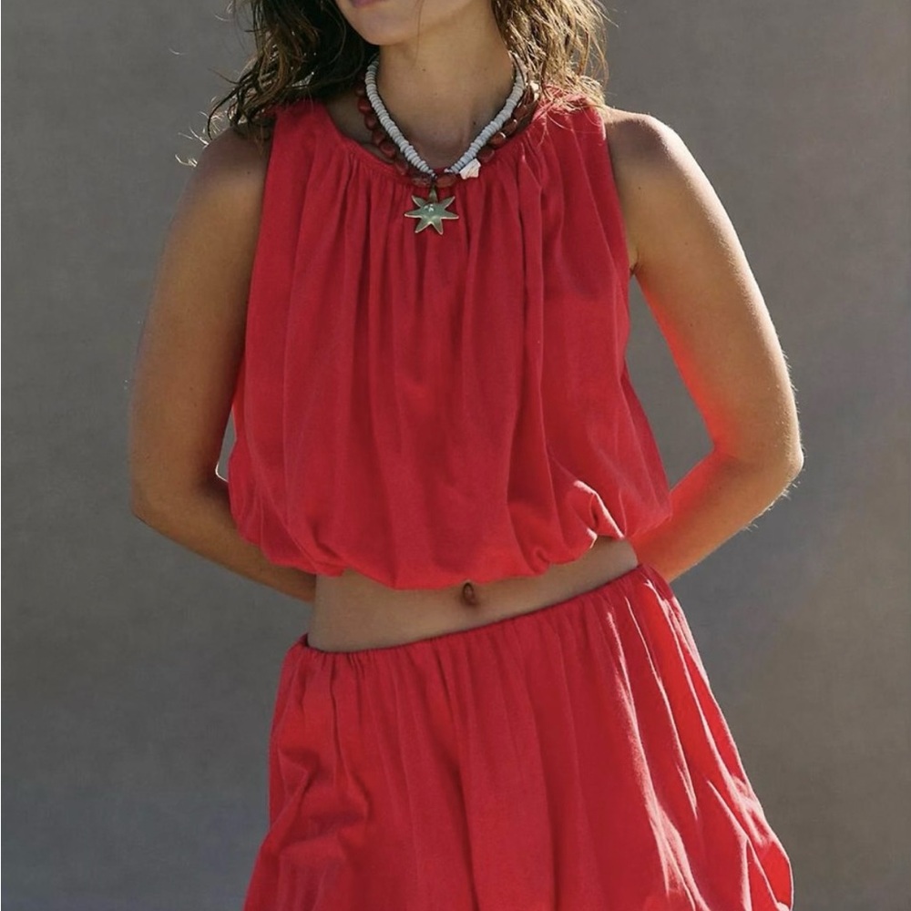 Red Sleeveless Cropped Tank and Skirt Set